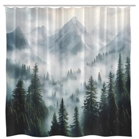 Forest Misty Mountains Shower Curtain Foggy Dark Green Pine Tree Cool Nature Landscape Woodsy Rustic Tree Jungle Men Bathroom Curtains Set Polyester Fabric with Hooks 70" W x 70" L