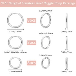 Beebeecraft 1 Box 24Pcs 316L Surgical Stainless Steel Hoop Earrings for Women Huggie Hoop Earrings Cartilage Earrings Set (14/16/18MM)