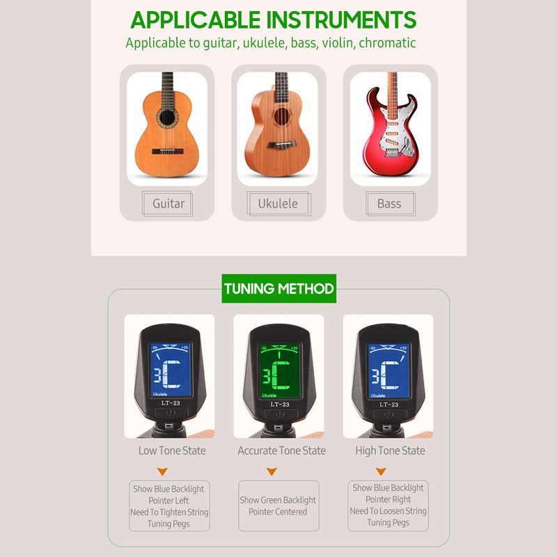 Guitar Tuner Clip-On Tuner Digital Mini Electronic Tuner with LCD