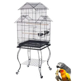 55" Rolling Standing Triple Roof Top Medium Bird Cage for Mid-Sized Parrot Cockatiel Sun Parakeet Green Cheek Conure Caique Pet Bird Cage with Detachable Stand