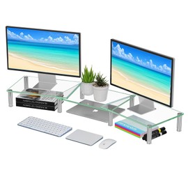 Simple Trending Dual Monitor Stand Riser, Computer Office Desktop Organizer for 2 Monitors with Tempered Glass, Adjustable Length and Angle Stand for Laptop,Printer,TV