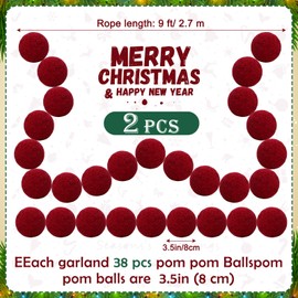 Giegxin 2 Pcs 9 ft Red Christmas Velvet Ball Garlands Christmas Ornaments Shatterproof Garland 3.15 Inch Xmas Hanging Balls Decorations for Tree Home Indoor Outdoor Mantel Holiday Party Accessories