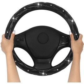 Funda para volante de piel con diamantes, diamantes de imitación de cristal universales, funda suave antideslizante para volante de coche, para mujeres y niñas, ajuste de 15 pulgadas (Nergo)