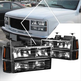 PM PERFORMOTOR [8Pcs] Headlights Assembly+Corner Lamps+Bumper Lamps Compatible with 94-00 GMC C/K Suburban Yukon,Black Housing/Amber Corner