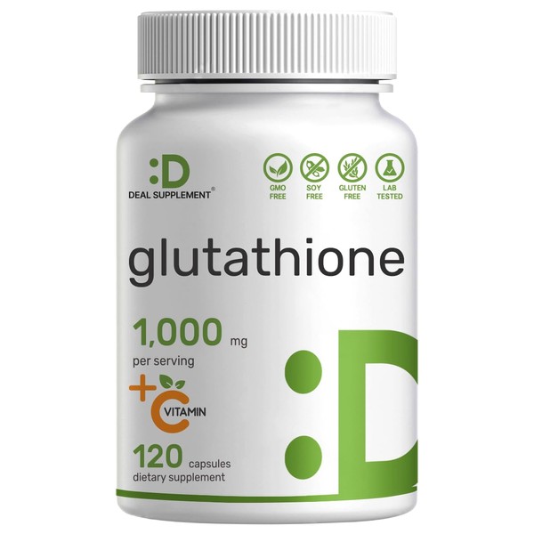 Glutathione Supplement 1,000mg Per Serving, 98% Purity | Plus Vitamin C 500mg, Active Reduced Form (GSH) | 120 Capsules – Intracellular Antioxidant – Supports Immune Health