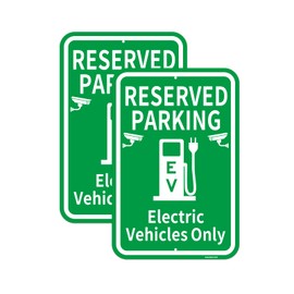 Large Reserved Electric Vehicles Only Signs, 12"X18" Reserved Parking Signs, Reflective Aluminum Green 24 Hour Surveillance Sign, Fade Resistant Waterproof Commercial Electronic Sign Funny for Outdoor Street Parking Yard (2 Pack)