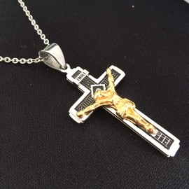 Meiso Cross Necklace for Men Stainless Steel Jesus Christ on INRI Cross Crucifix Pendant Necklace 22" Chain, Stainless Steel