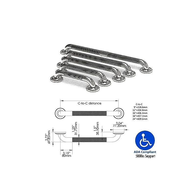 1-1/4" Knurled Grab Bar, ADA Compliant Bath Safety Shower Handrail,