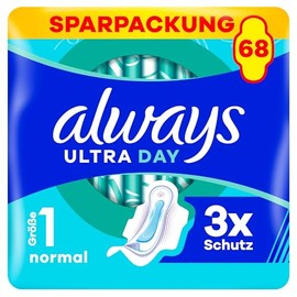 Always Ultra Day Sanitary Towels Normal (Size 1) with Wings 68 Pieces, Super Absorbent and Ultra Thin, for the Period
