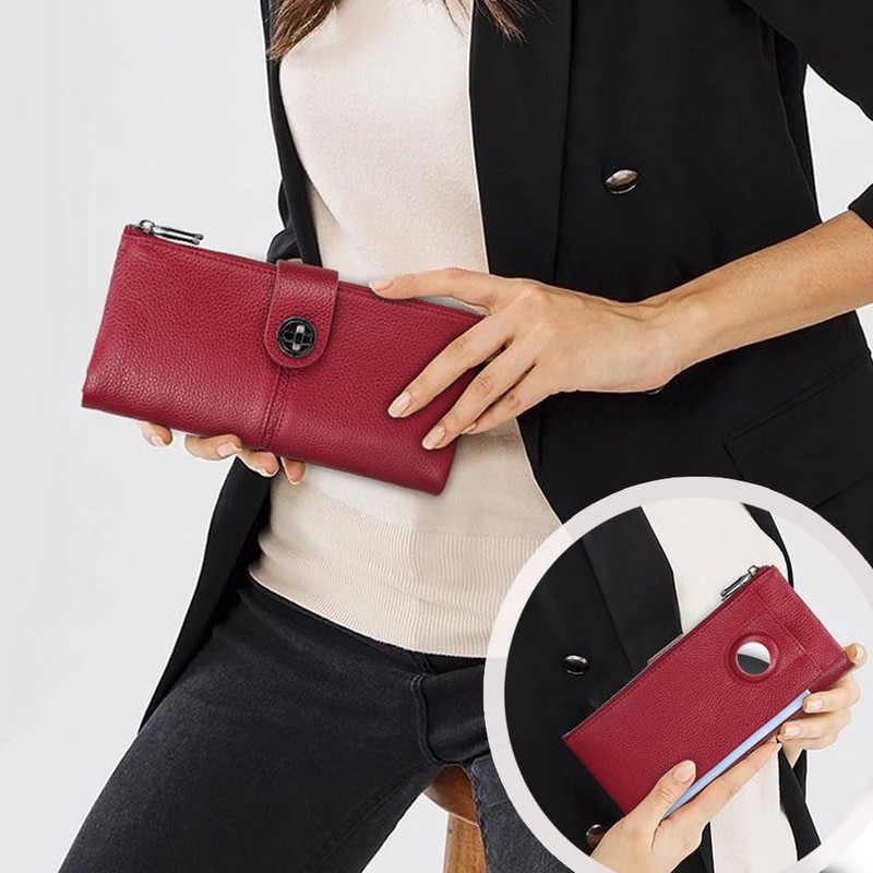 Contacts Airtag Wallet Leather Turnlock Clutch Purse Womens Zipper Phone