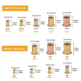 SAE and Metric Rivet Nuts, VIGRUE 230PCS Carbon Steel UNC Nutserts Rivnut Assortment Kit, Zinc Plated, Flat Head Insert Nut Assort #8-32#10-24 1/4"-20 3/8"-16 5/16"-18 and M3 M4 M5 M6 M8 M10 M12