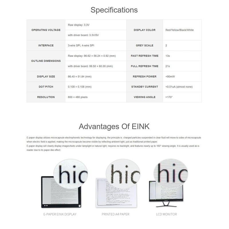 3.97 inch E-Ink Display Module with SPI Interface, 800 x