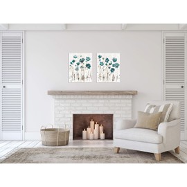 Gango Home DÃ©cor Beautiful Teal and Brown Watercolor-Style Floral Print Set; Two 16x20in Fine Art Giclee Paper Prints