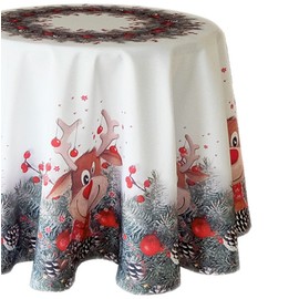 Raebel Christmas Tablecloth, Round, 150 cm, Elk with Red Nose, Underblanket, Christmas Blanket, Christmas Decoration, 100% Polyester, Colourful