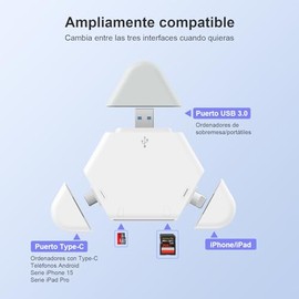 JESWO 3 en 1 Lector de Tarjetas SD, Adaptador SD/TF a OTG USB/Tipo C/iOS, para SD/SDXC/SDHC/Micro SD/Micro SDXC, Compatible con Todas Las Tableta y Te