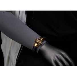 COOLSTEELANDBEYOND Mens Large Braided Leather Bracelet with Steel Gold and Black Lion and Black Genuine Leather Straps