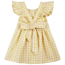 AGQT Baby Girls Plaid Dress Gingham Fly Sleeve Backless Summer Dresses Spring Smocked Birthday Easter Dresses Yellow Size 18-24 Months