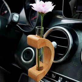 Car Flower Vase Clip Holder with Glass Tube, Car Vent Accessories, Auto Air Vent Charm Interior Wooden Ornament Decorations Accessories, Wooden Car Flower Vase Vent Clip