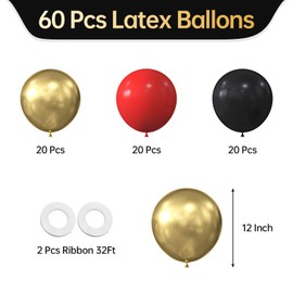 KALOR Red Black and Metallic Gold Balloons, 60 Pcs 12 Inch Metallic Gold Chrome Latex Balloons Kit for Baby Shower Birthday Bridal Shower Wedding Party Decorations