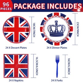 Grencian 96 Pcs Britain UK England Flag Birthday Party Paper Plates and Napkins 350 GSM Disposable British Flag Party Supplies Tableware Set for Union Jack Party Decorations Birthday Favors Serves 24