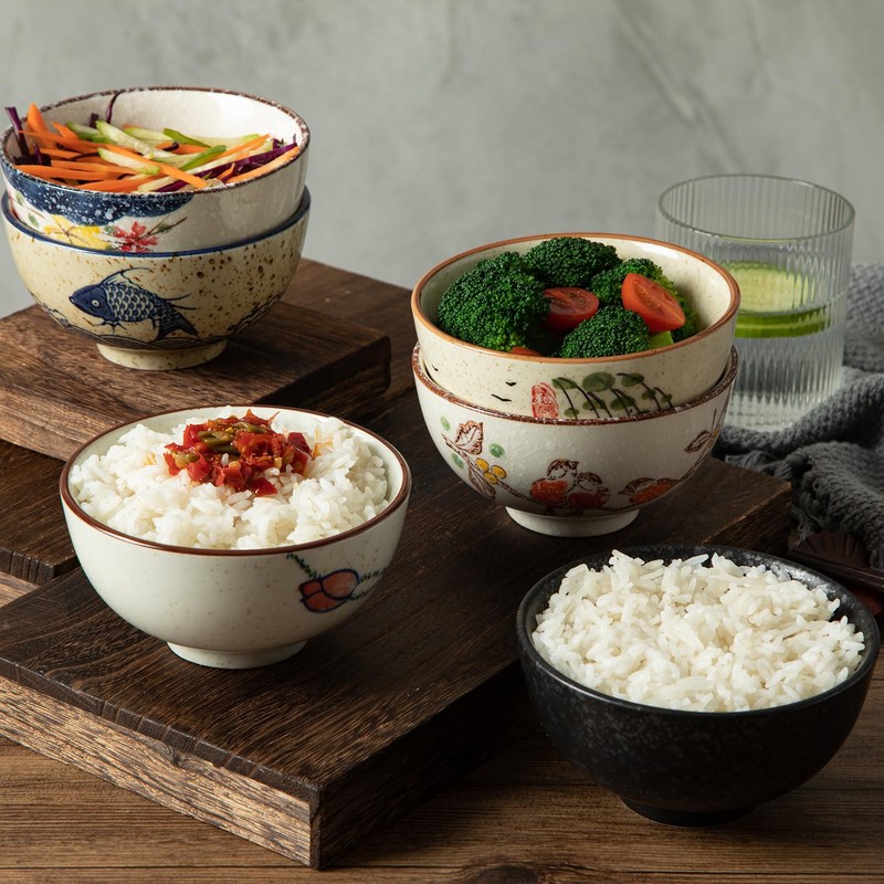 yaenoei 6 Pack Retro Ceramic Bowls, Hand-painted 4.5 Inch Japanese