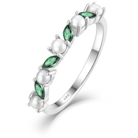 YL Pearl Ring for Women 925 Sterling Silver Mariquesa Birthstone Stackable Rings Eternity bands Jewelry, 8, Sterling Silver, Created Emerald