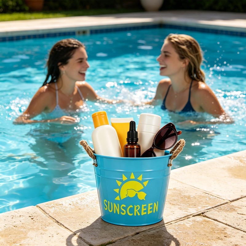 Wenceda 2 Pack Metal Sunscreen Pool Storage Bucket, Poolside Basket