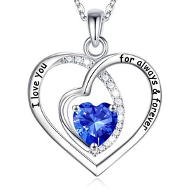 925 Sterling Silver Love Heart Necklaces for Women, Rose Heart Pendant September Birthstone Sapphire Necklace Valentine Mothers Day Birthday Gifts for Mom Grandma Sister Best Friends from Daughter Son