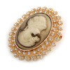 Vintage Inspired Clear Crystal Oval Beige Acrylic Cameo In Gold