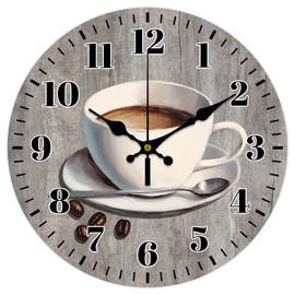 CHGCRAFT 12inch Coffee Wall Clock Coffee Cup Round Wooden Wall Clock Silent Non Ticking Clock Vintage Farmhouse Wall Clock for Office Home Living Room Bedroom Bathroom Kitchen Decor