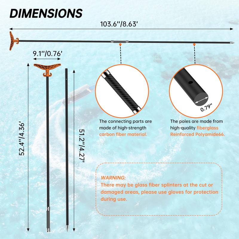 itayak 8.63'/12.3' Shallow Water Anchor Pole, Island Anchor with T-Handle,