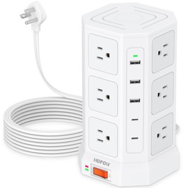 HOPOW Power Strip Tower with 12 Outlets 5 USB Ports (2 USB C), Surge Protector Tower 1700 Joules, 1875W/15A Outlet Charging Station, 6.5FT Extension Cord for Home, Office Hotels, Dorm Essentials