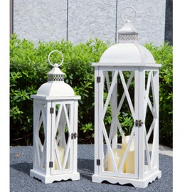 Perfnique Farmhouse Outdoor Lanterns for Patio, Set of 2 White Rustic Lanterns Decor, Vintage Hanging Candle Holder Decorative for Porch, Garden, Yard, Indoor (No Glass)