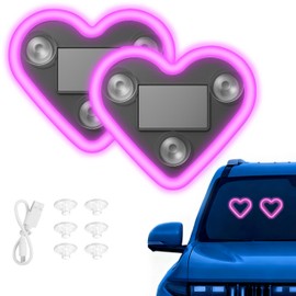 VANKUB 2PCS Solar-Powered Car Heart Lights, 5-Mode Wireless LED Ambient Light with Auto-On via Vibration Sensor, Romantic Car Interior Gift for Couples (Pink)