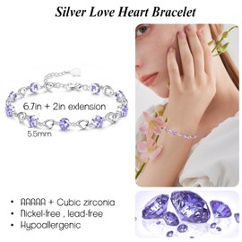 JeweBella Silver Bracelet for Women Girls Adjustable Love Heart Bracelet Shiny Zirconia Crystal Bracelets Bracelet Friendship Bracelets for Women Girls White/Blue/Pink/Purple, Copper