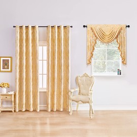 ELKCA Damask Golden Jacquard Single Swag Waterfall Valance for Kitchen Living Room Rod Pocket Valance for Small Window,39Inch,1 Panel