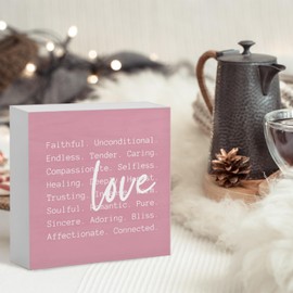 FLVGE Valentines Day Decor, Pink Love Wooden Box Sign, Valentines Day Decorations for Home Table Shelf Mantel Fireplace Wedding Party Supplies 5x5