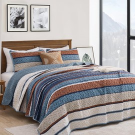 Yiran Blue Brown Quilt King Size Lightweight Rhombus Grid Quilt Set for All Seasons Soft Microfiber Boho Farmhouse Bedding Bedspread Coverlet Set 3 Pieces(1 Quilt and 2 Pillow Shams)