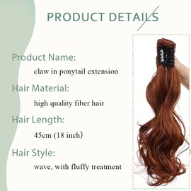 Claw On Ponytail Extension Matte Material 18 Inch/45cm Curly Wavy Clip In Pony tail Synthetic Hairpiece, Light Auburn