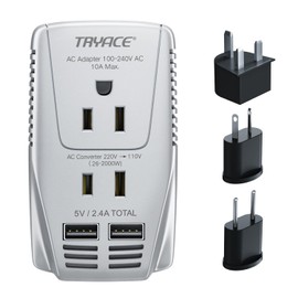 TryAce 2000W Voltage Converter 220V to 110V, 10A Travel Adapter with 2-Port USB, Power Converter for Hair Dryer/Straightener/Curling Iron, US/UK/EU Plug, Gray