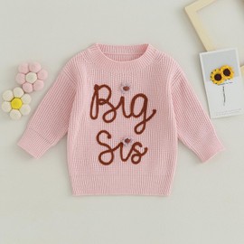 YINGISFITM Baby Girl Big Little Sister Embroidered Chunky Knit Sweater Crewneck Long Sleeve Sweatshirt Matching Outfit (Pink Big sis, 3-4 Years)