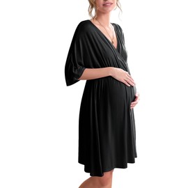 Ekouaer 3 in 1 Labor/Delivery/Hospital Gown Maternity Dress Nursing Nightgown Sleepwear for Breastfeeding V Neck Short Sleeve Nightshirt Sleeping Dress Black