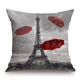TSSOHU Paris Eiffel Tower Throw Pillow Cover,Raining Red Umbrella European French City Landscape Decorative Couch Sofa Bedroom Burlap Pillow Cases for Men/Women/Girls/Boy/Children Room 18x18 Inch