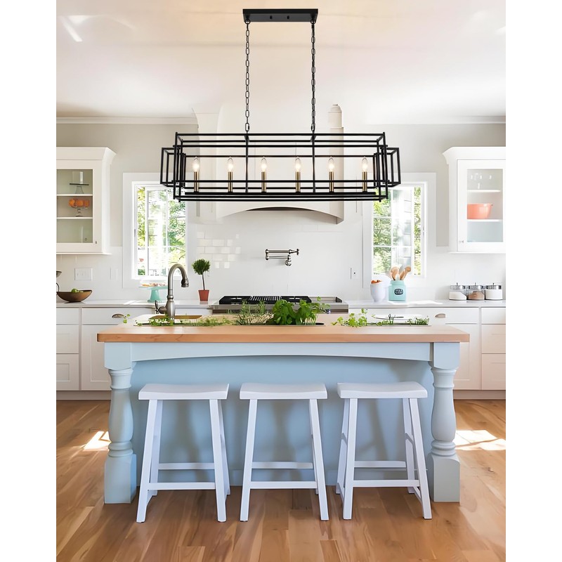 JWLUYN 6-Light Black and Gold Kitchen Island Lighting: 44 Inch