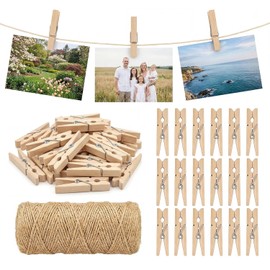 ABSOFINE Pack of 100 Wooden Small Wooden Pegs, 3.5 cm Mini Clothes Pegs Wood with 100 m Jute Cord, Small Clips for Photos Hanging Photo Rope with Clips, Postcards, Clothes, DIY Decoration