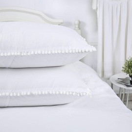 Pom Pillow Shams White Queen Set of 2 Pom Fringe Pillowcases Boho Pillow Cover Ball Tassel Trimmed Cute Pretty Girls 100% Cotton 20x30