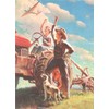 Farmer and Son Waving to Airplane - Vintage Image