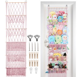 iHansee 5 Tier Stuffed Animal Storage Shelf Net, 17x61 Inch Large Plushie Net w/LED Light & Clips for Mini Medium Stuffy Teddy, Pink Boho Macrame Wall Toy Holder Display for Nursery Kids Girls Boys