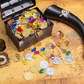 AiFanS Treasure Chest for Kids Prizes,Plastic Treasure Chest with 320 Treasure Gold Coins and Gems/Jewels- Perfect for Pirate Themed Parties and Games