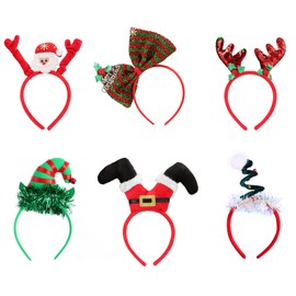 FRCOLOR 6 Pack Christmas Headbands Elf Reindeer Antlers Sequin Bow Santa Headpiece Hair Bow for Christmas Holidays Parties Photos Stand
